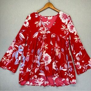Free People Bella Red Floral Print V Neck Tunic Top Size XS Tropical Beach